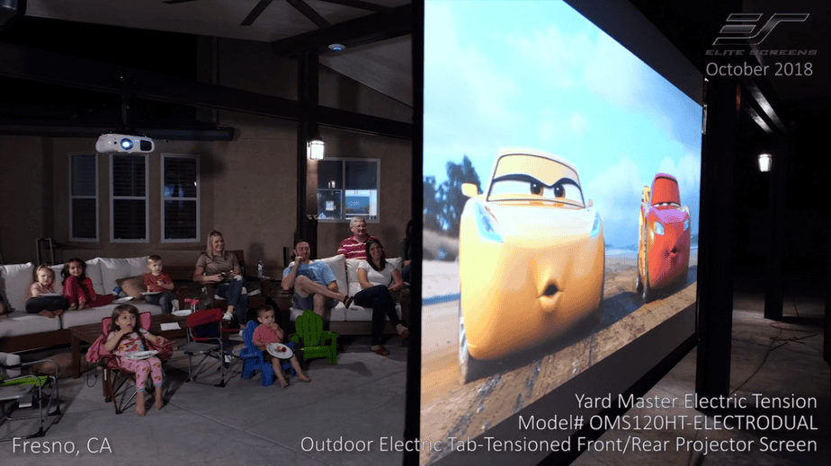 Outdoor electric tab-tension projection screen in use at Fresno, CA.