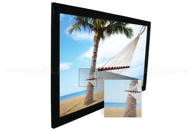 High-quality projection screen with beach scene, ideal for home theater setups and outdoor movie vie.