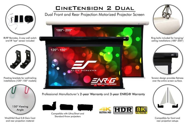 Elite Screens CineTension 2 Dual electric projection screen at Beverly Hills Playhouse.