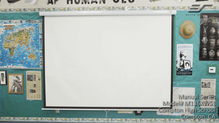 Classroom projection screen showing easy unboxing and installation process.