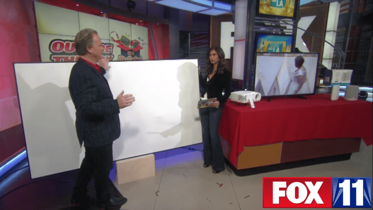 Favorable review of the Aeon Series 100" projector screen by Dr. Gadget on FOX 11. Perfect for home.