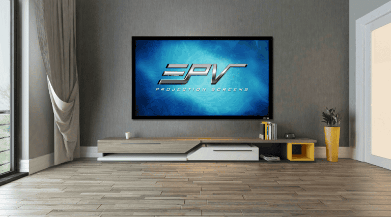 EPV DarkStar projection screen mounted in modern living room setup.