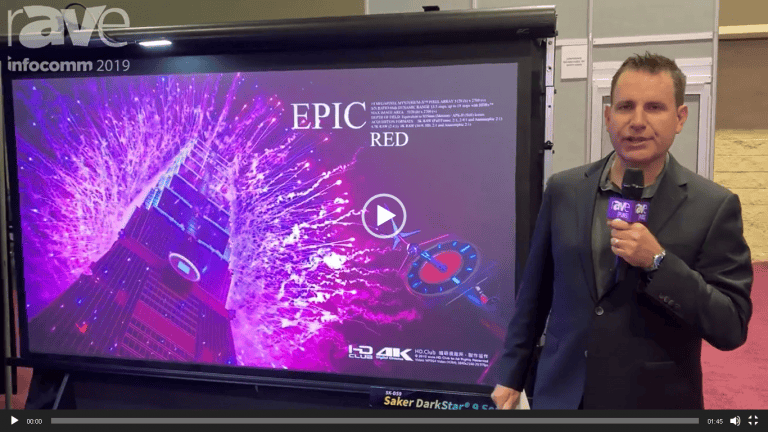 Quality projection screen at InfoComm 2019 showcasing the Saker DarkStar® 9 Series for professional.