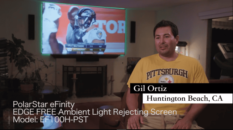 Quality PolarStar eFinity EDGE FREE ambient light rejecting projection screen in a residential setti.