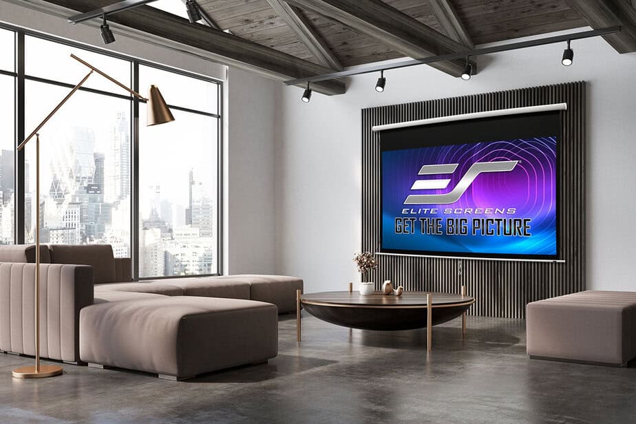 Projection screen for home theater setup with modern design.