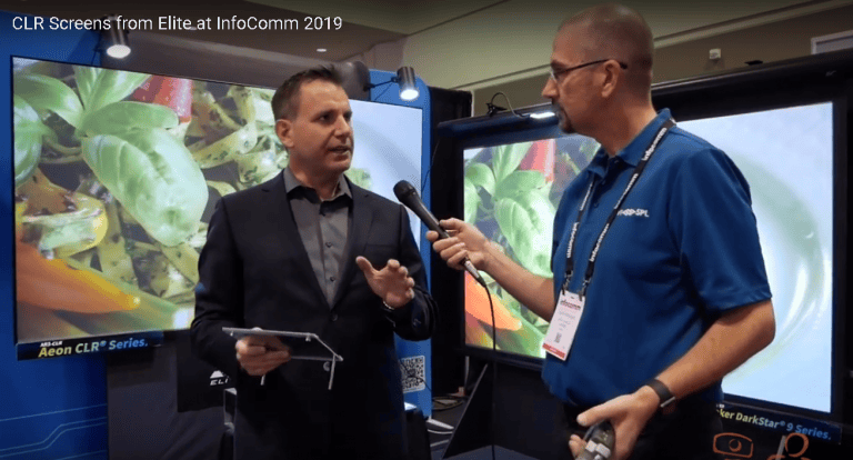 Projection screen demonstration at InfoComm 2019 featuring CLR® screens from Elite ProAV®.
