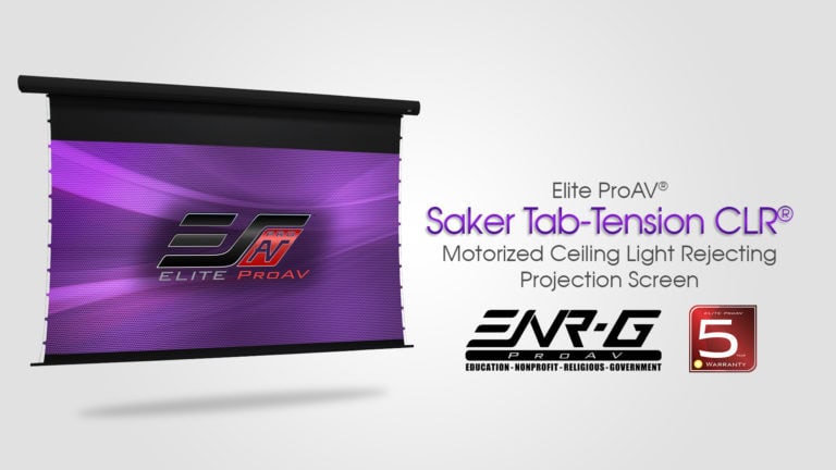 Saker Tab-Tension CLR® motorized projection screen with ambient light rejection technology.
