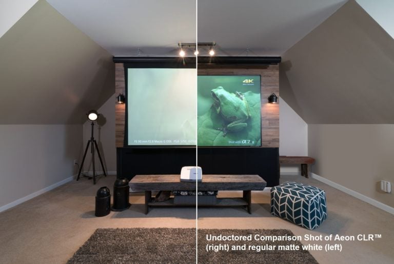 Underdetected comparison of Aeon CLR projection screen and matte white wall.
