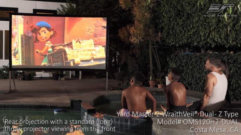 Rear projection screen with outdoor setup for backyard movie viewing. Perfect for family entertainme.