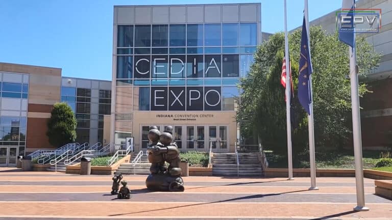 Projection screen setup at Indiana Convention Center for expo event.