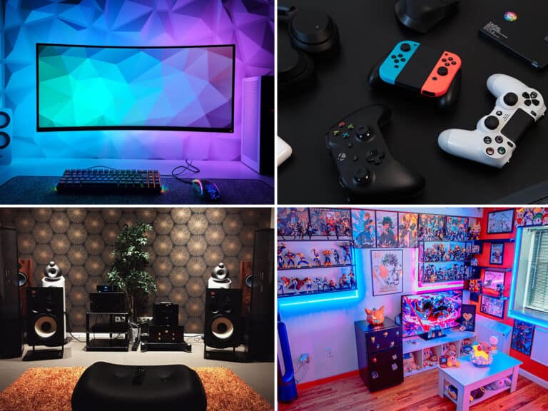 Modern gaming room with projector screen, gaming consoles, and vibrant decor.