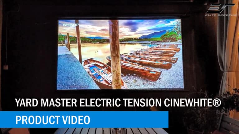Electric projection screen displaying a scenic boat dock image.
