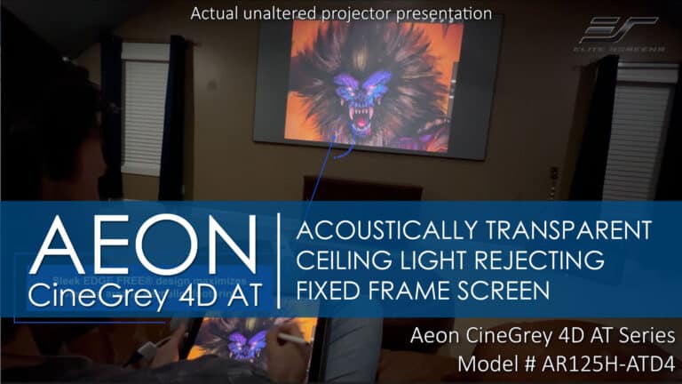 Elite Screens Aeon CineGrey 4D AT ambient light rejecting projector screen in use.