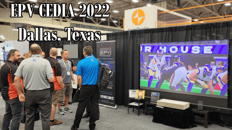 Projection screen showcasing AV technology at CEDIA 2022 Dallas, Texas event.