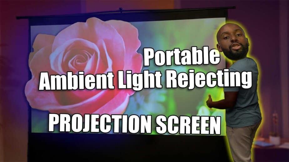 Portable projection screen with ambient light rejection for clear images in bright rooms.