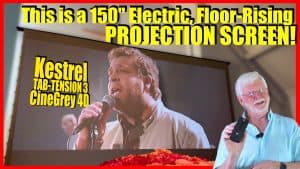 Large 150-inch electric projection screen for home theater or presentations.