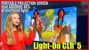 Portable projection screen displaying animated characters for home theater.